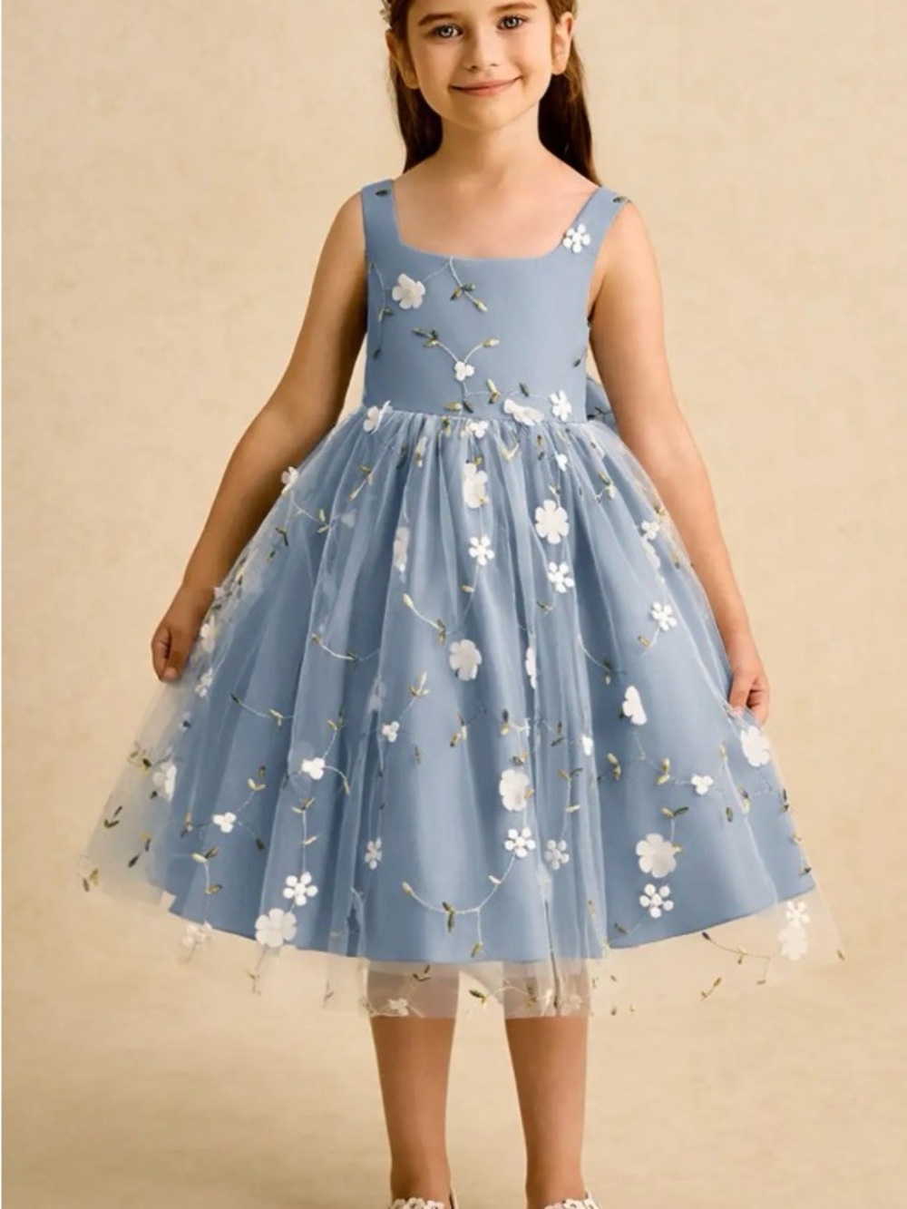 Azazie Dusty Blue Floral Tulle Girls' Formal Dress
